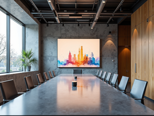 现代化办公环境，宽敞明亮的会议室，员工正在讨论项目方案，背景墙上显示公司标识，体现专业的企业形象