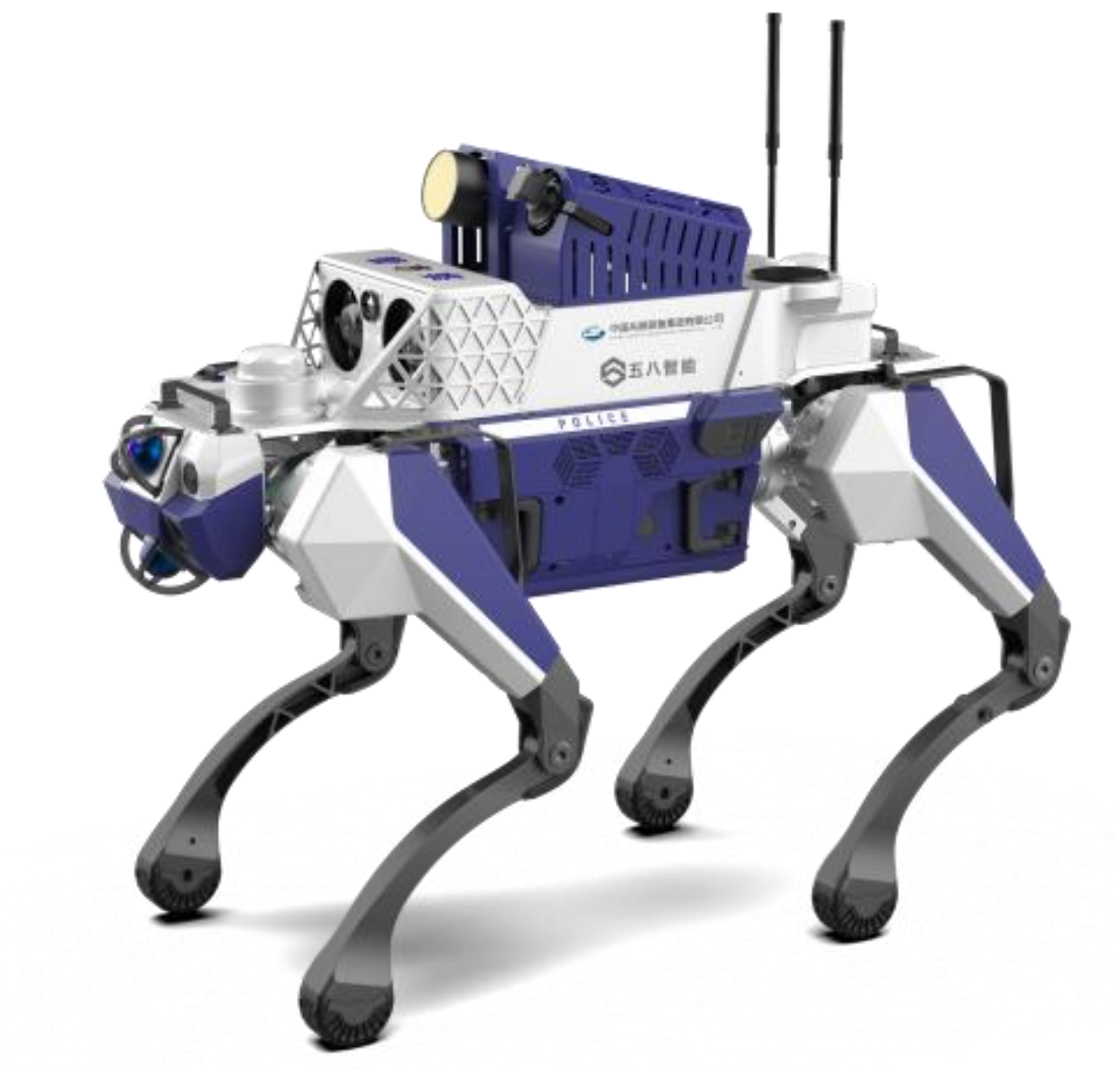 警用巡逻机器人在街道上执行安防任务，周围有城市建筑背景，展现智能安防应用场景